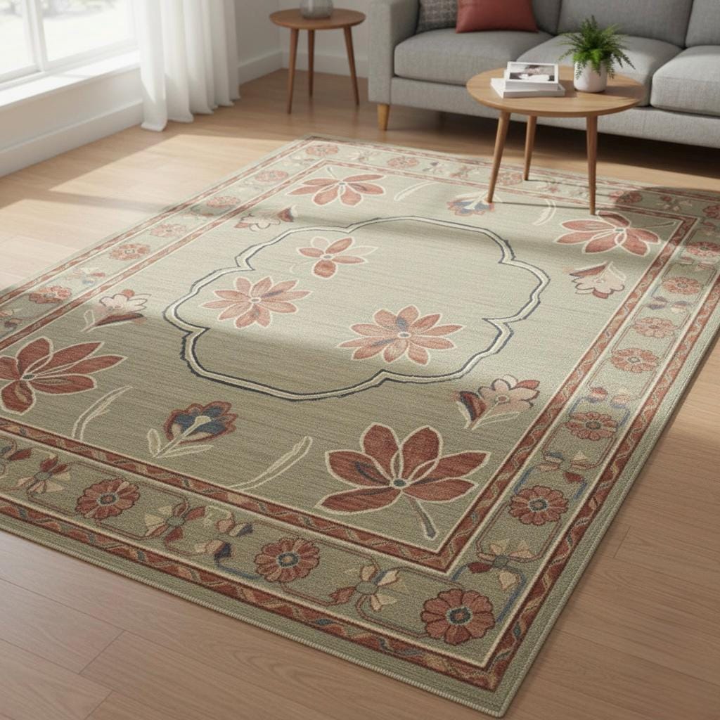 Handwoven Oushak Wool Rug: Sage Green Rust Floral