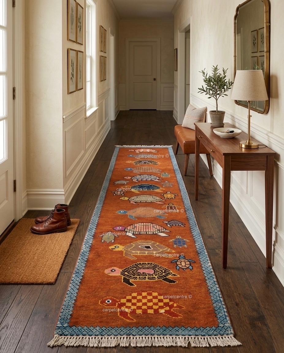 Handmade Wool Runner Rug – Rust Orange Tortoise Turtle Design, Coastal Hallway Carpet