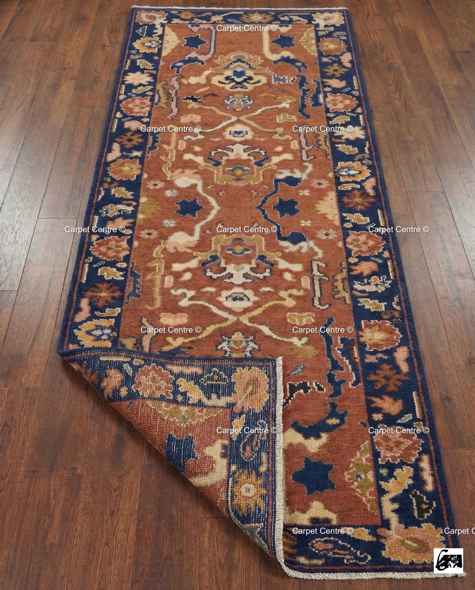 Hand Knotted Wool Runner Rug, Rust Navy Geometric Oushak, Boho Southwestern Decor