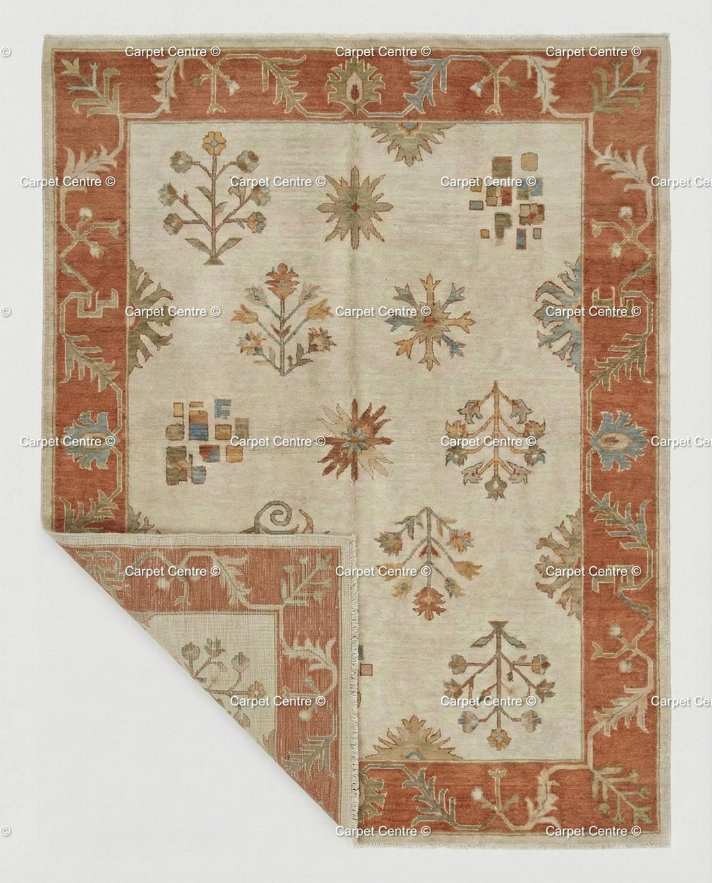 Hand-Knotted Wool Oushak Rug, Beige and Rust, Folk Art Floral Geometric