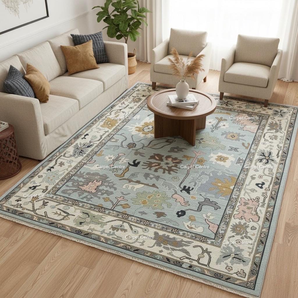 Light Blue Oushak Rug, Hand-Knotted Wool 8x10, Farmhouse Floral