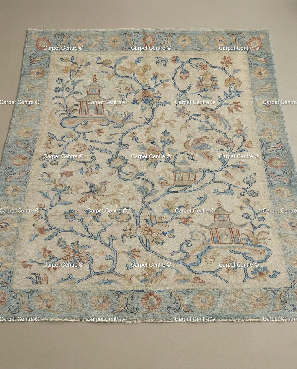 Hand-Knotted Wool Oushak Rug, Cream Chinoiserie Peking Design