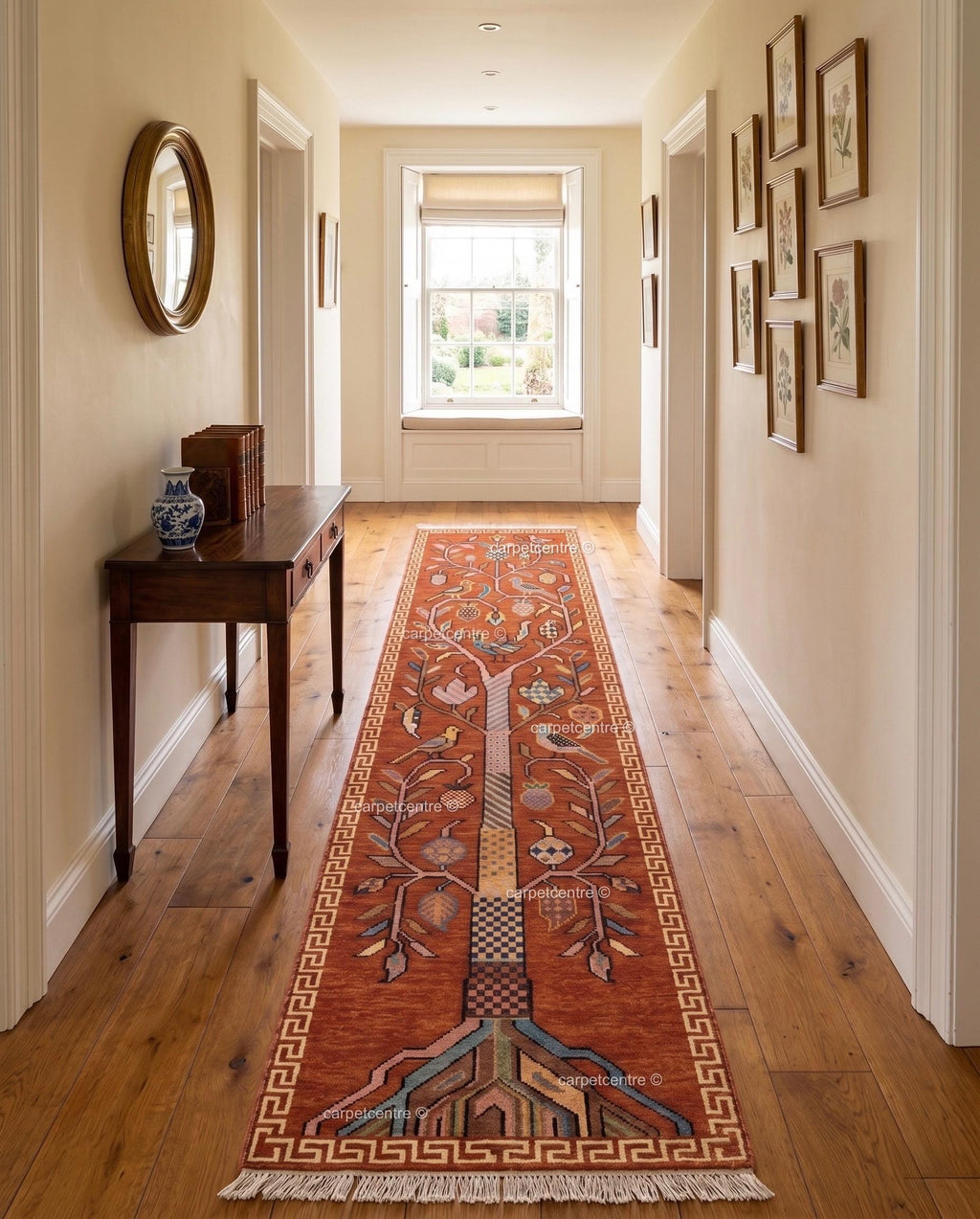 Tree of Life Runner Rug: Rust Orange Colorful Carpet Handmade Wool Area Rug