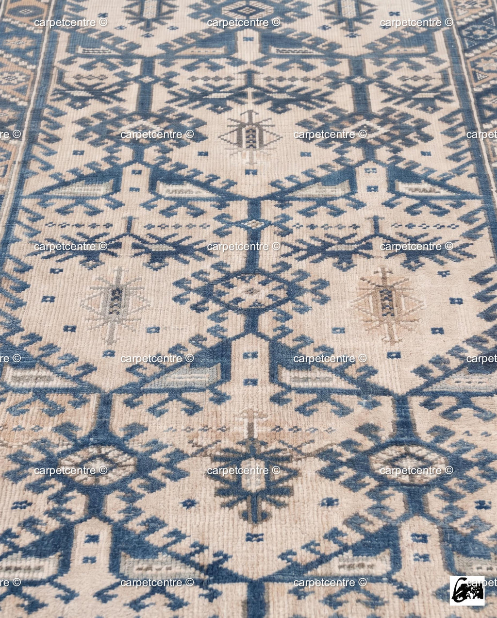 Vintage Oushak Rug | Geometric Anatolian Wool Carpet, Blue Cream Boho Tribal Area Rug