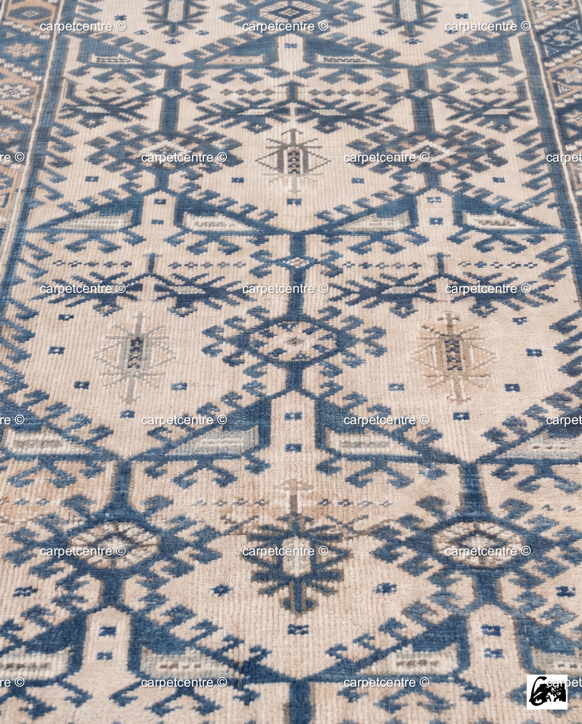 Vintage Oushak Rug | Geometric Anatolian Wool Carpet, Blue Cream Boho Tribal Area Rug