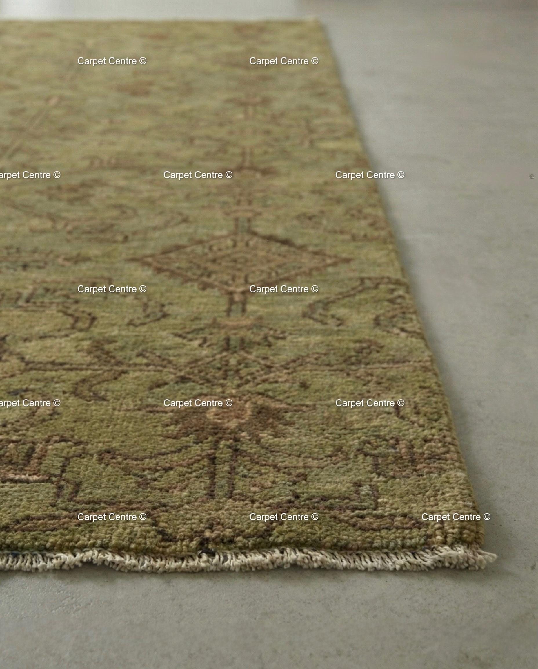Hand Knotted Wool Oushak Rug, Muted Olive Green Geometric Carpet
