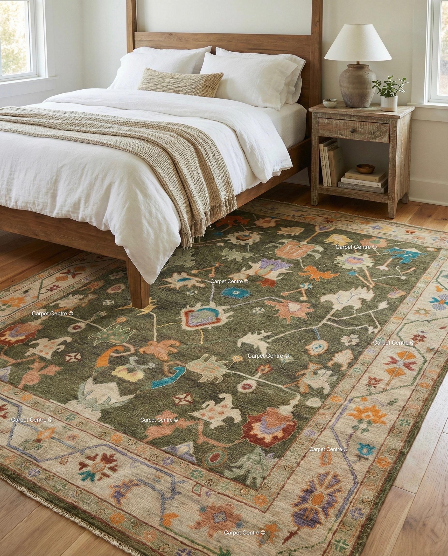 Hand-Knotted Wool Oushak Rug, Moss Green, Tribal Geometric Design