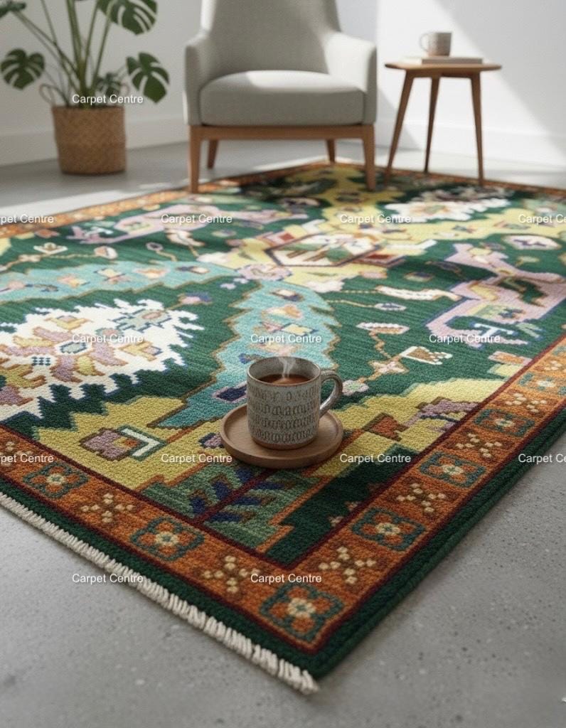 Green Oushak Rug, Hand-Knotted Wool Geometric Kilim Rug, Boho Decor