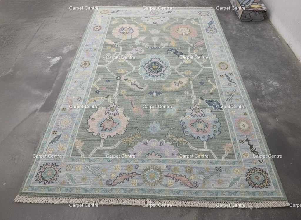 Handknotted Oushak Wool Rug | Sage Green, Pastel Floral Design