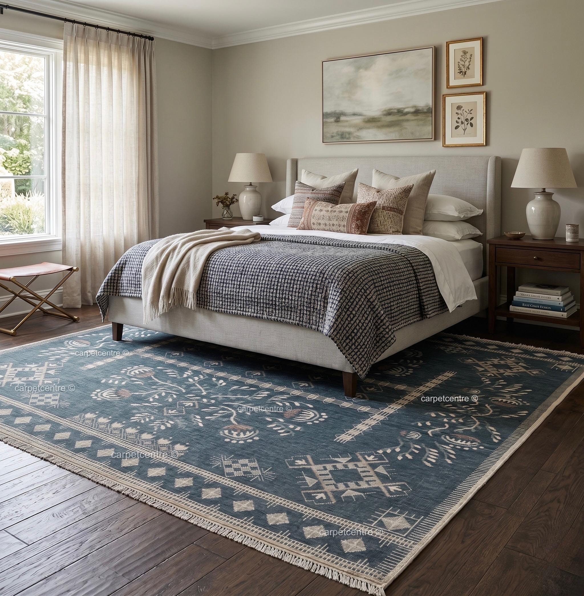 Hand Knotted Wool Oushak Rug, Navy Blue Tribal Floral Area Rug