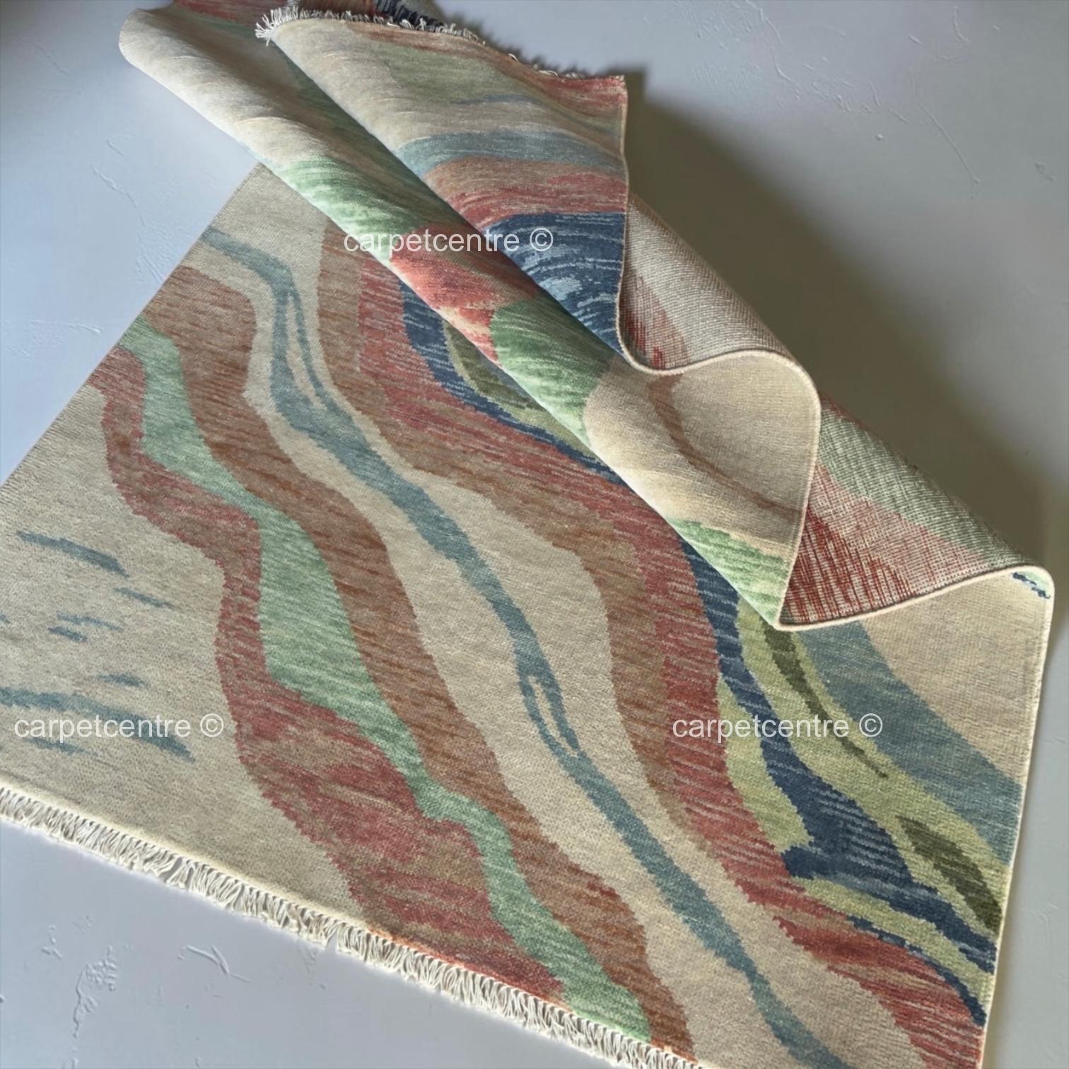 Hand Knotted Abstract Oushak Rug, 100% New Zealand Wool, Organic Waves Design