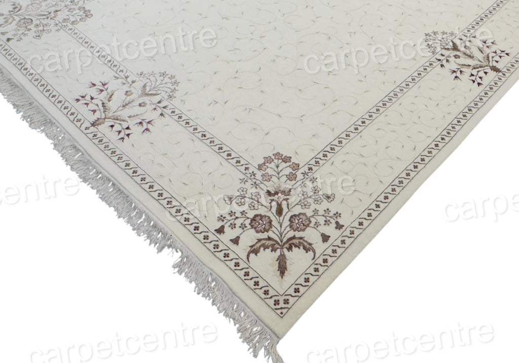 Handwoven Wool Art Silk Rug: Ivory Floral Border (11'3" x 8'3")