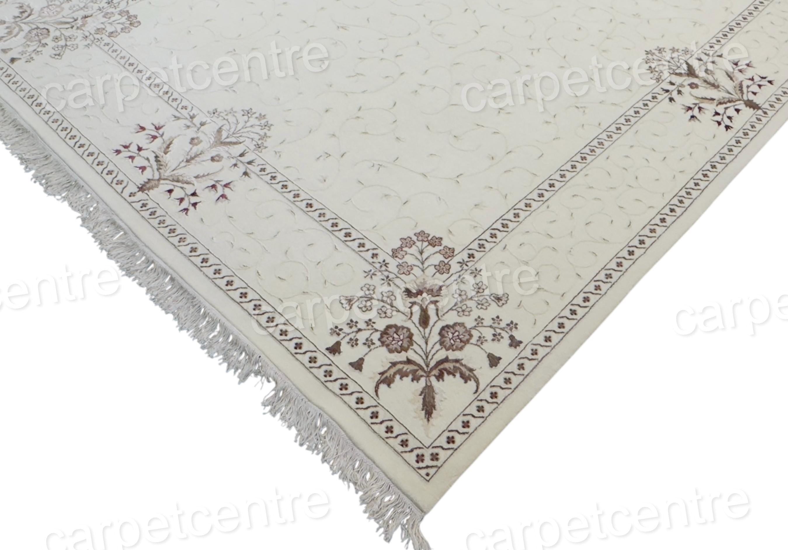 Handwoven Wool Art Silk Rug: Ivory Floral Border (11'3" x 8'3")