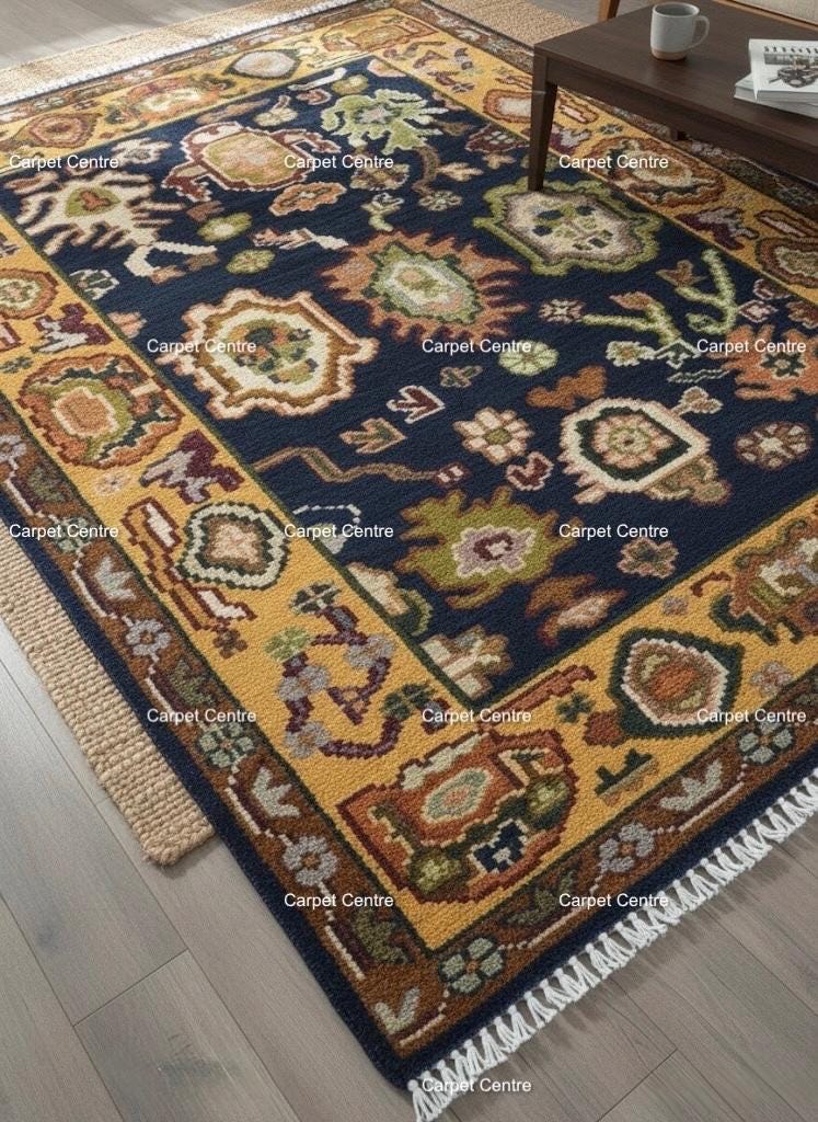 Navy Blue Oushak Rug, Hand-Knotted Wool Rug, Gold Border