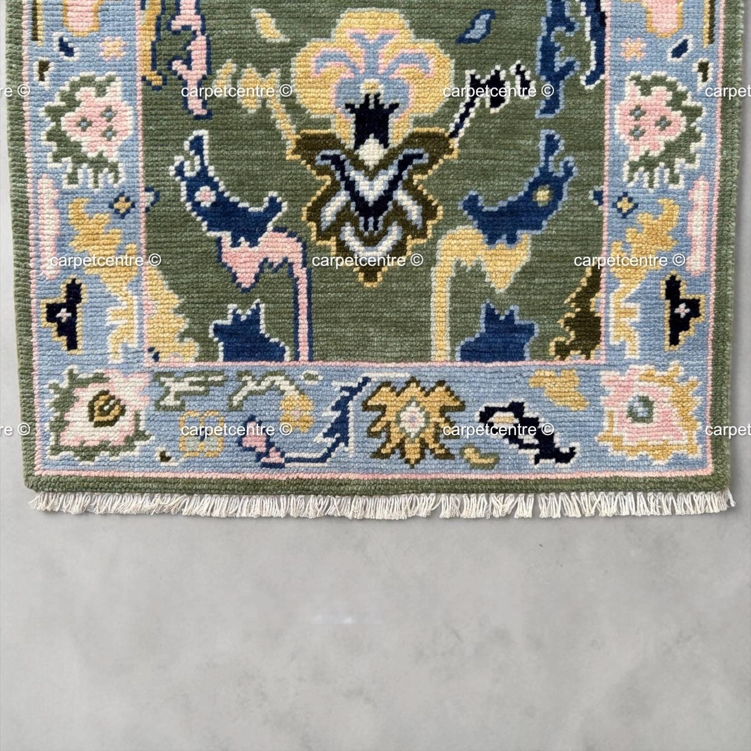 Sage Green Oushak Wool Runner, Floral Hallway Rug, Boho Kitchen Mat