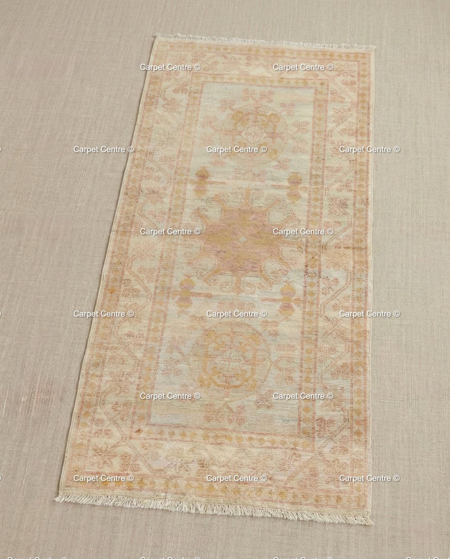 Custom Hand-Knotted Oushak Wool Runner Rug, Pink & Beige, 4x7 Foot ( Without Fringe )