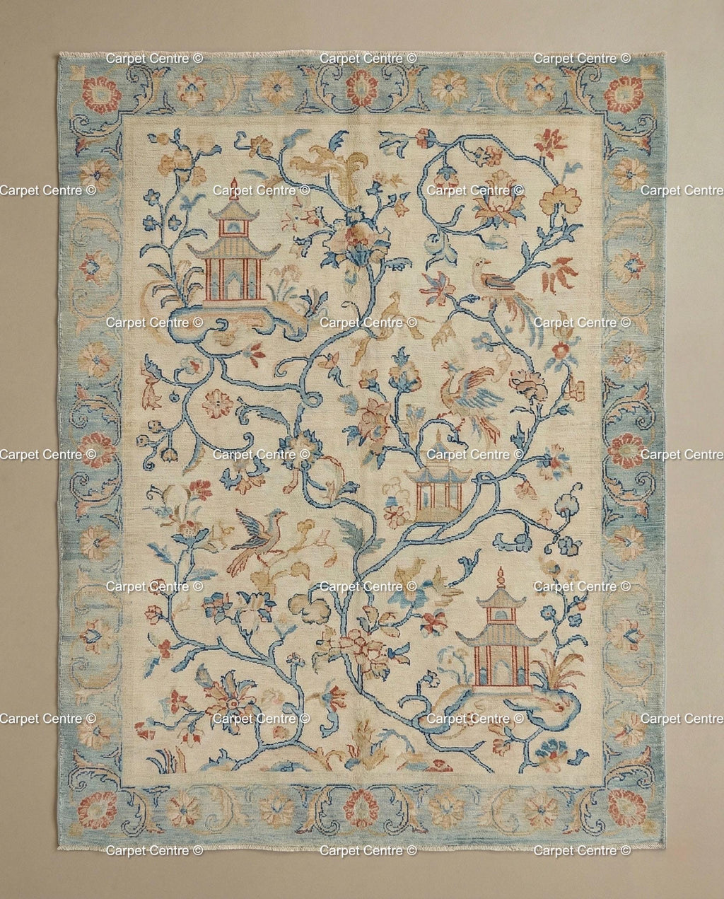Hand-Knotted Wool Oushak Rug, Cream Chinoiserie Peking Design