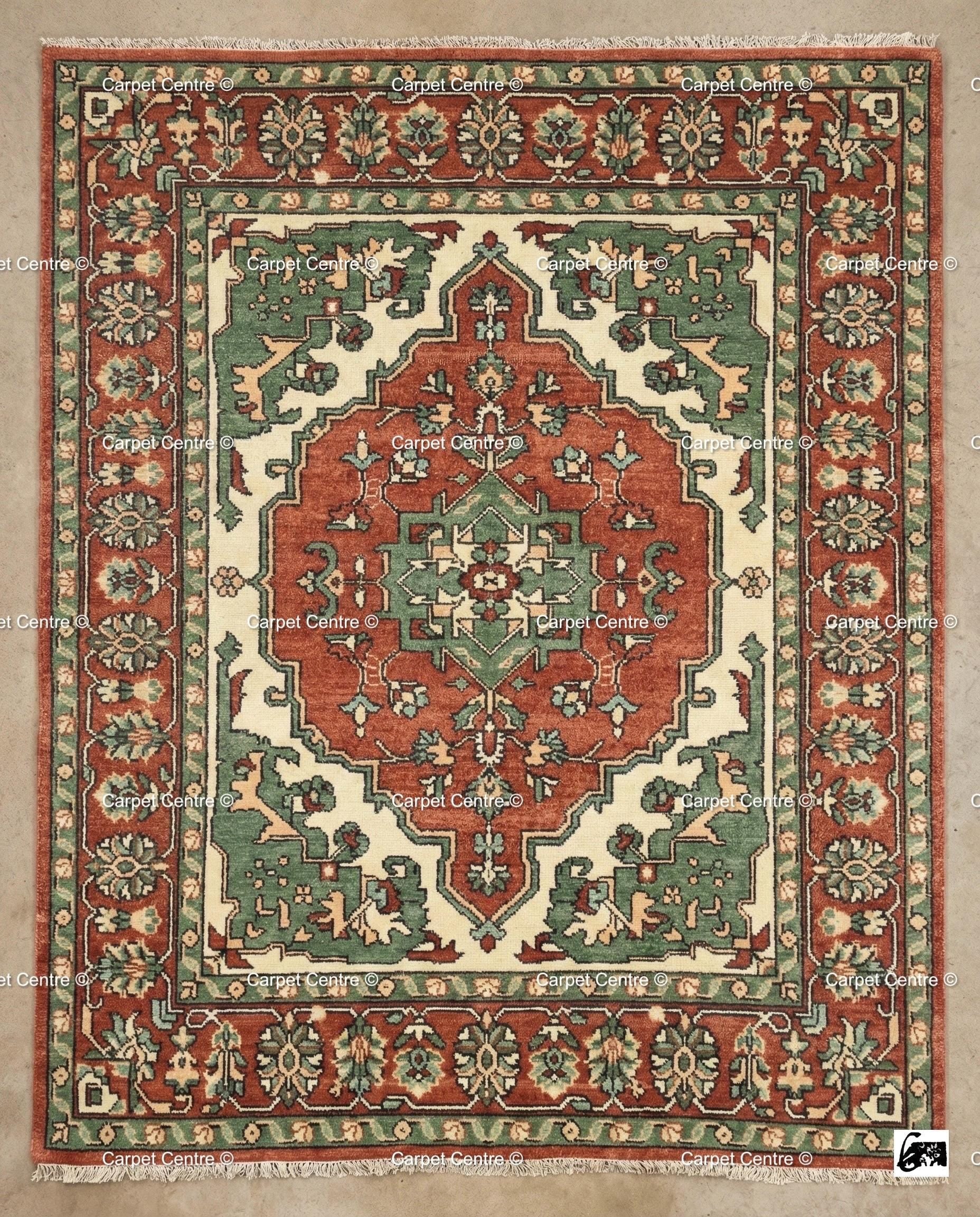 Hand Knotted Kazak Wool Area Oriental Geometric Green and Rust Carpet