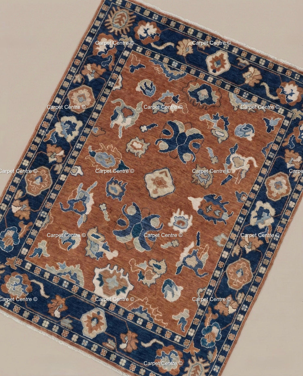 Rust Orange Oushak Rug, Navy Border, Hand Knotted Wool Carpet