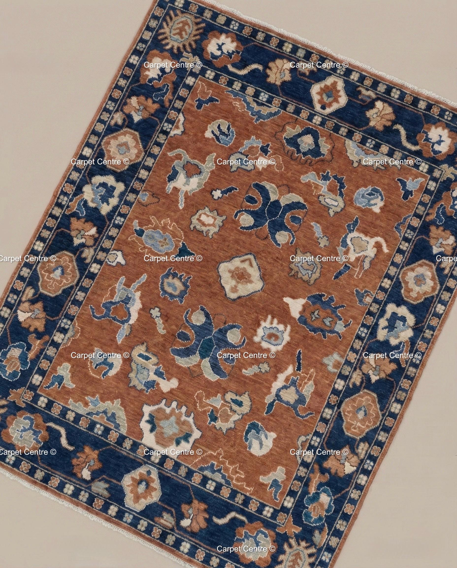 Rust Orange Oushak Rug, Navy Border, Hand Knotted Wool Carpet