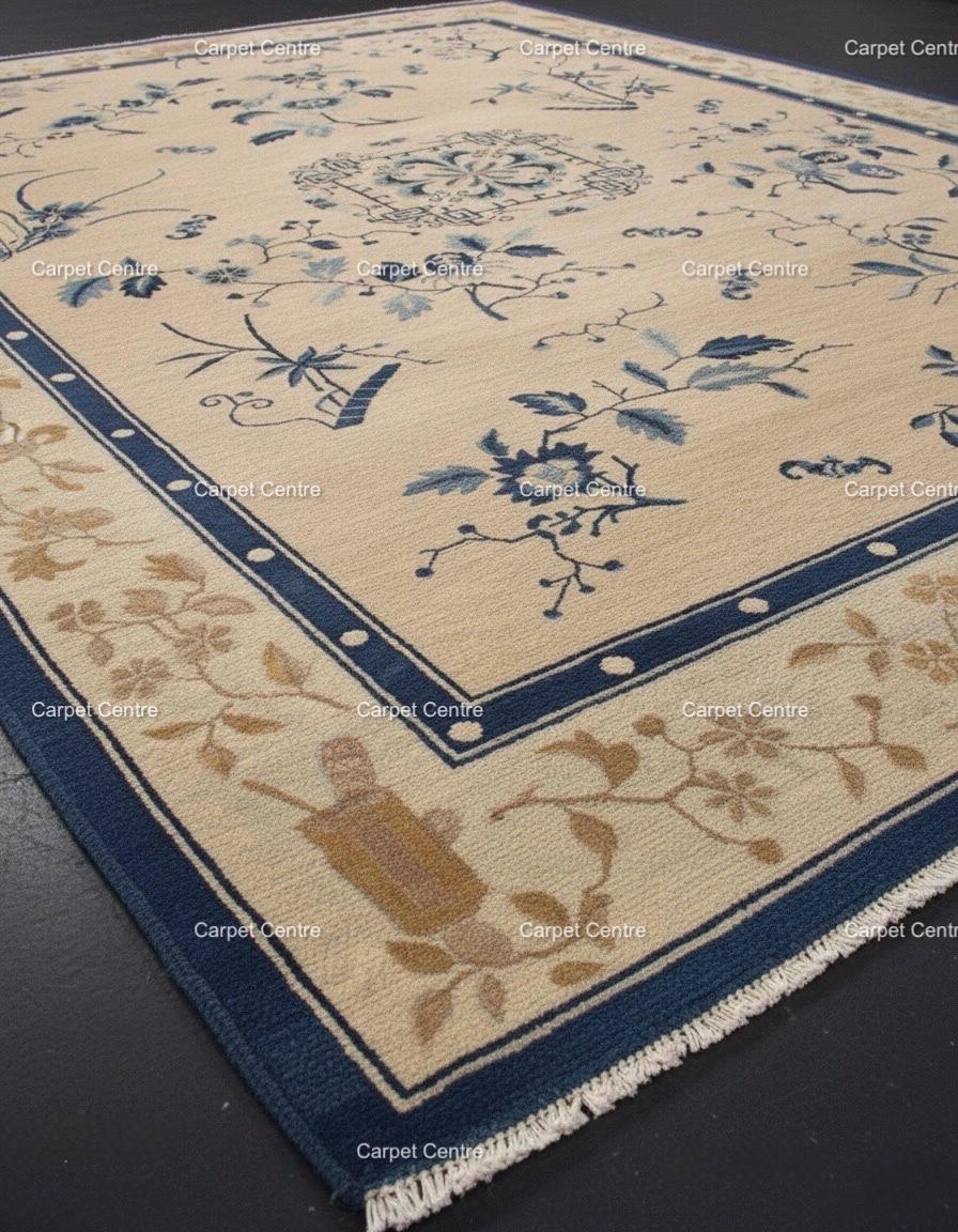 Hand-Knotted Oushak Wool Rug: Blue Beige Chinoiserie Design