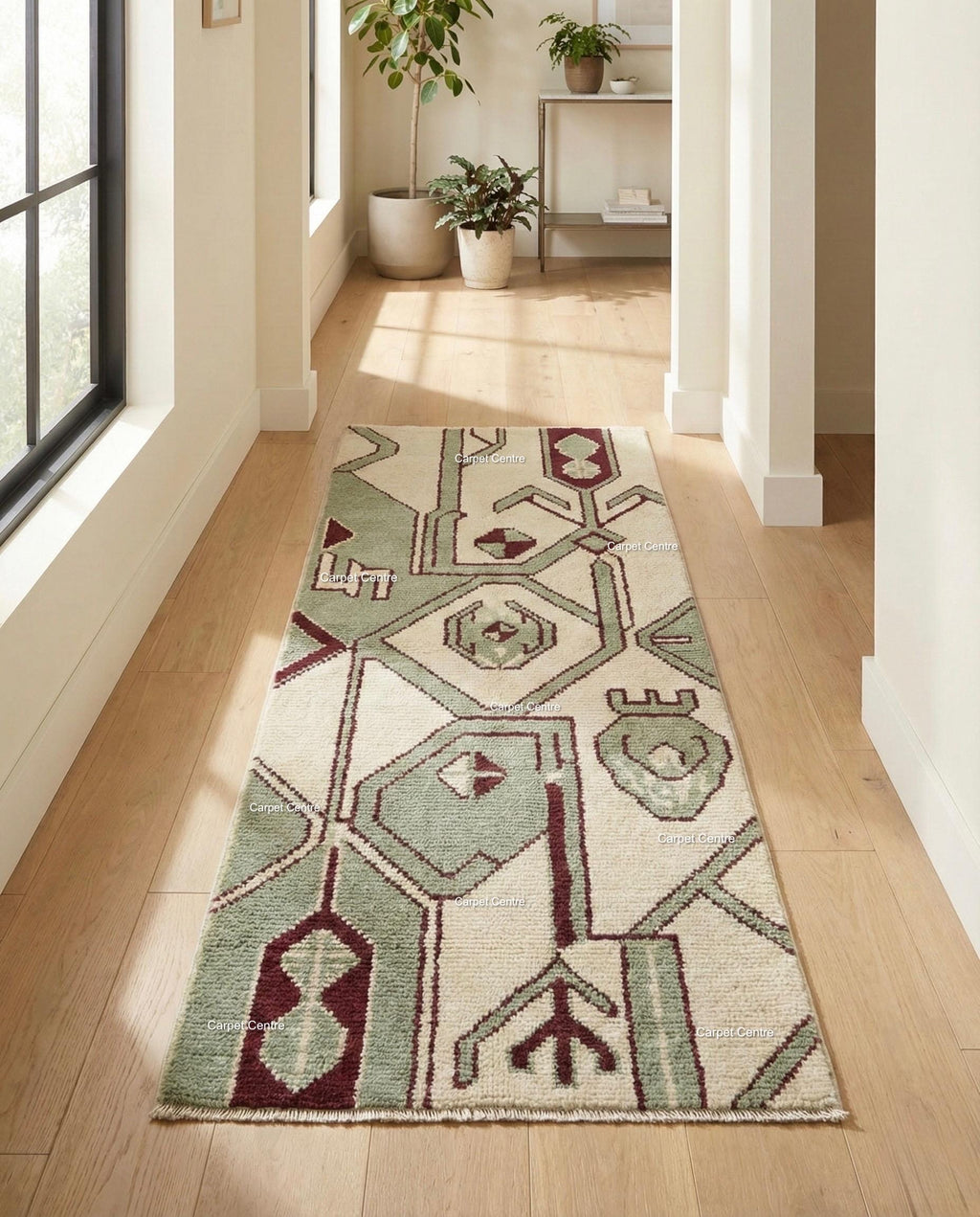Cream Oushak Wool Runner Rug, Sage Green Geometric Turkish Knot