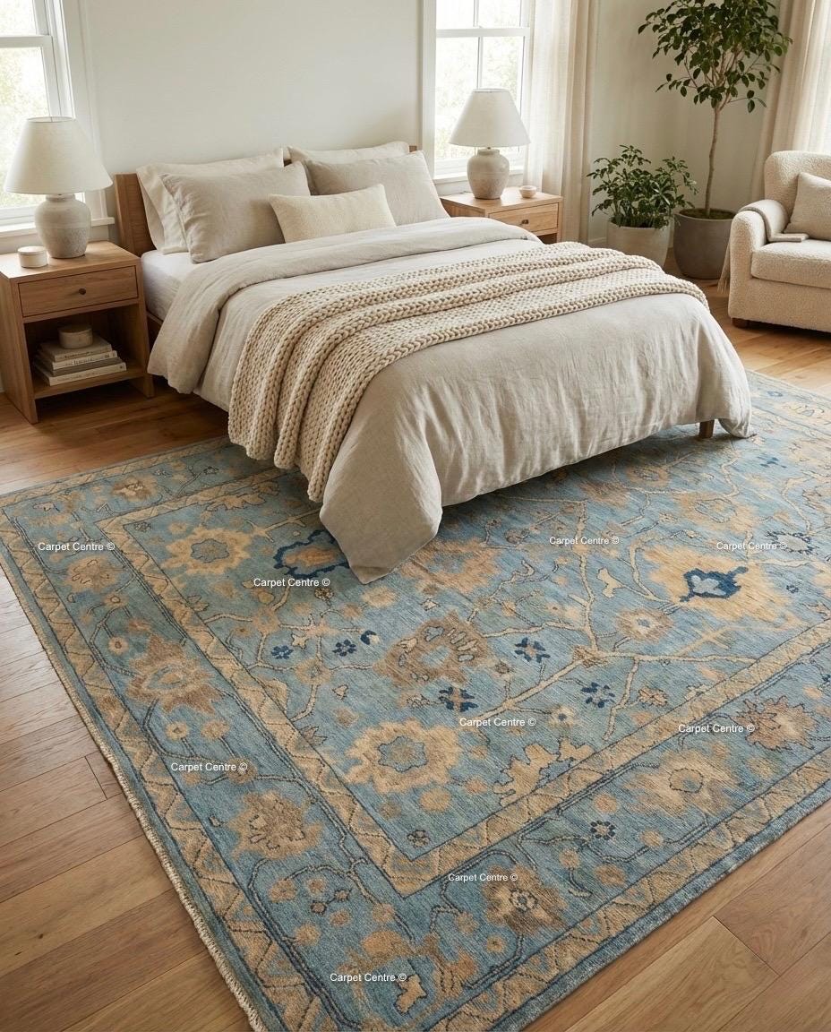 Hand Knotted Wool Oushak Rug, Soft Blue Coastal Decor