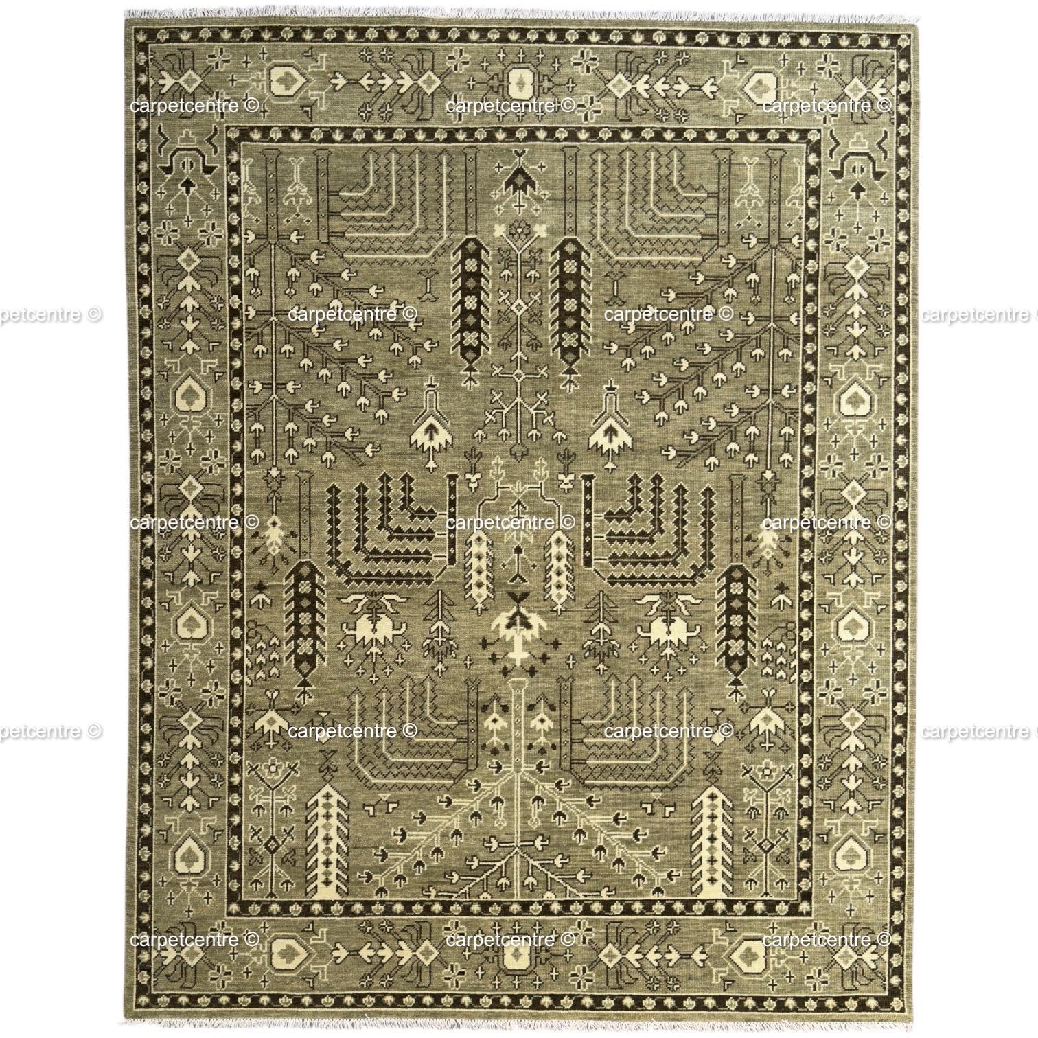 Hand Knotted Wool Oushak Rug, Olive Green Tree of Life Area Carpet