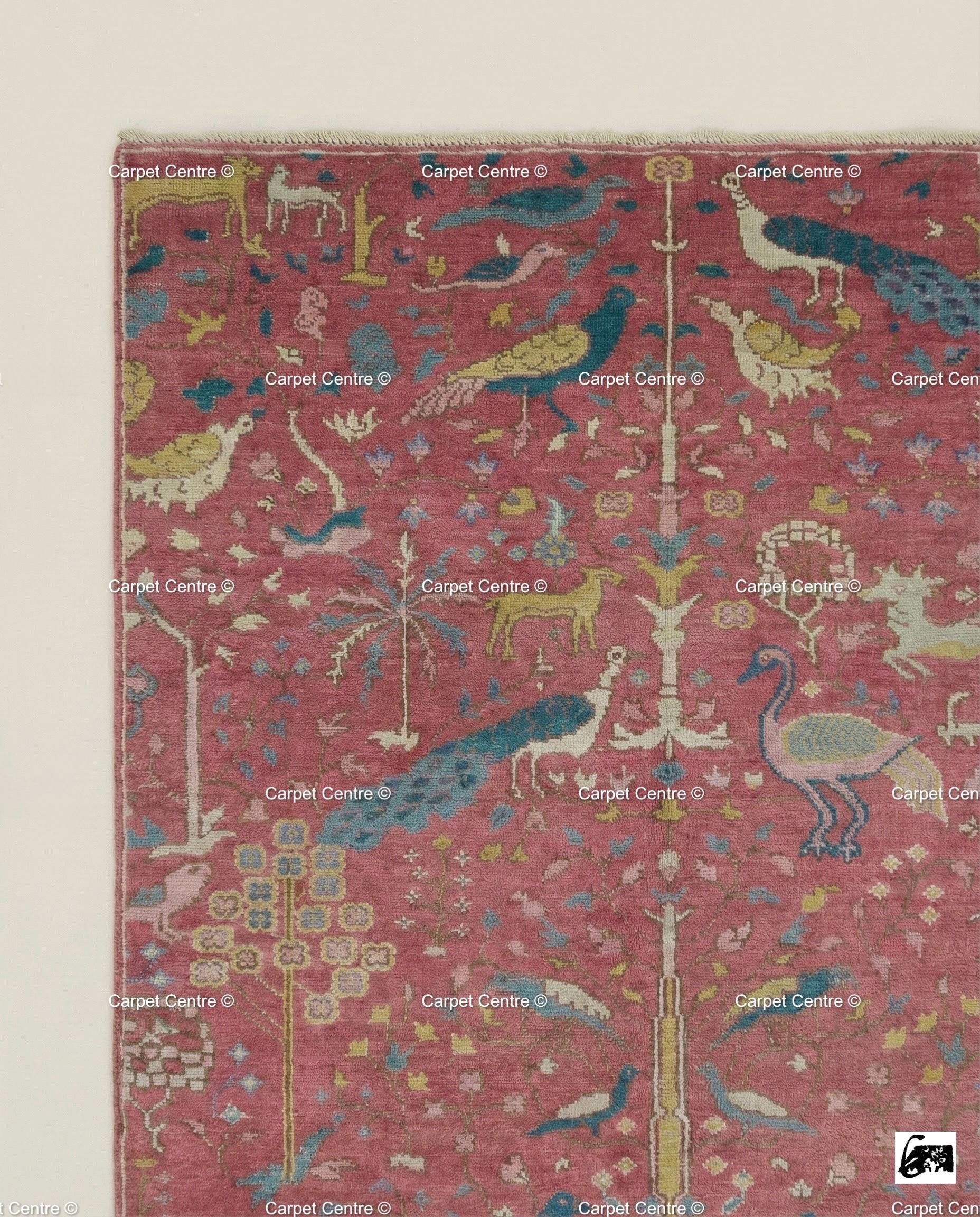 Pink Oushak Rug, Hand Knotted Wool Tree of Life Animal Rug