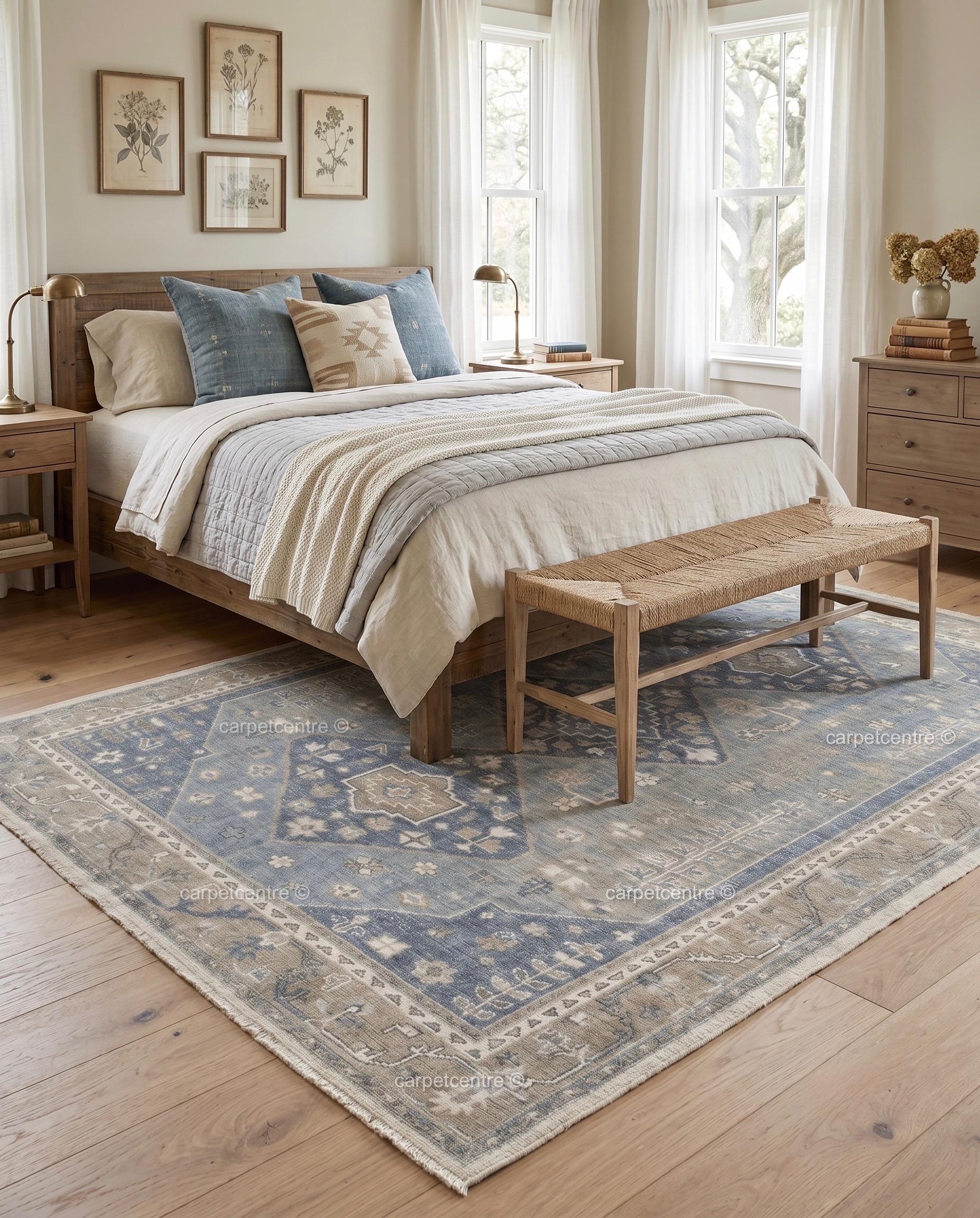 Hand Knotted Oushak Rug: Faded Blue New Zealand Wool Carpet (Custom Size)