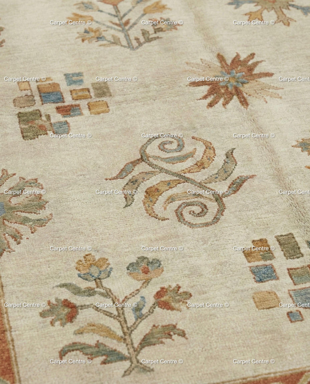 Hand-Knotted Wool Oushak Rug, Beige and Rust, Folk Art Floral Geometric