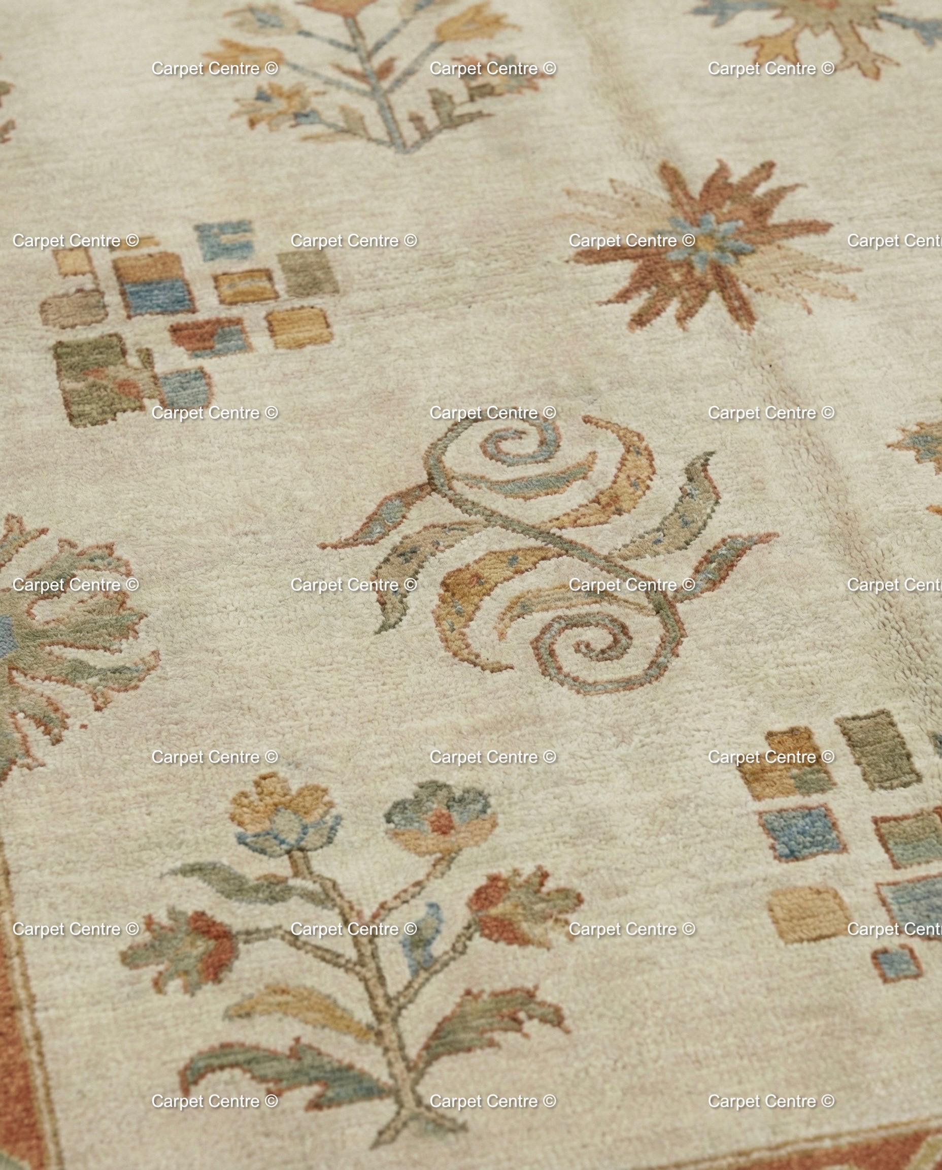 Hand-Knotted Wool Oushak Rug, Beige and Rust, Folk Art Floral Geometric