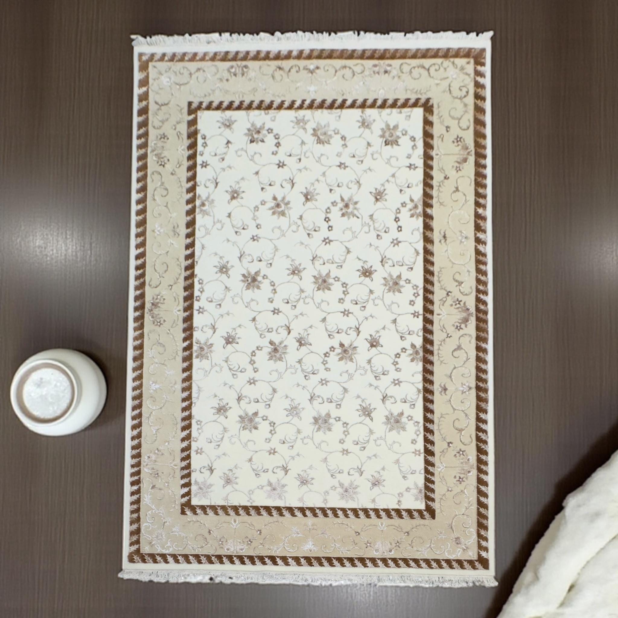 Vintage Beige Floral Wool Rug: Handwoven Indian Art Silk Carpet