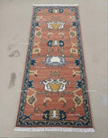 Hand-Knotted Wool Runner Rug, Terracotta Oushak Style, Teal Border