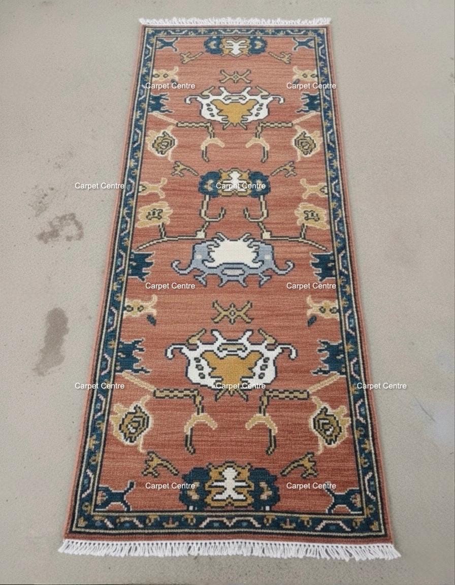 Hand-Knotted Wool Runner Rug, Terracotta Oushak Style, Teal Border