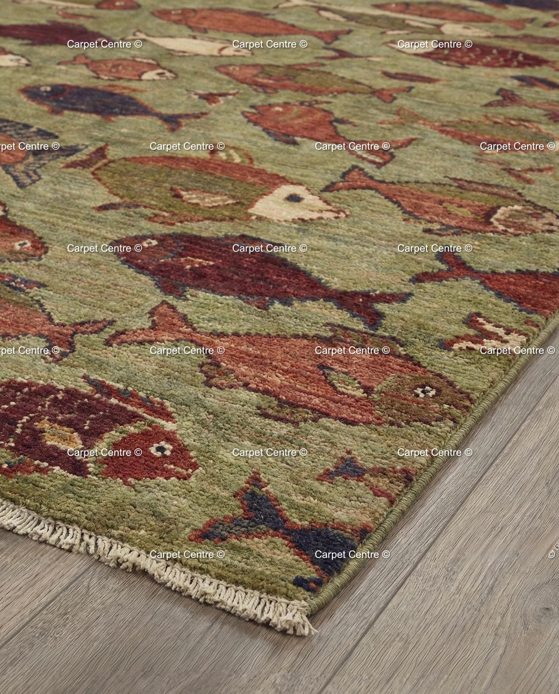 Hand Knotted Wool Fish Rug, Turkish Oushak Style, Lake House Decor