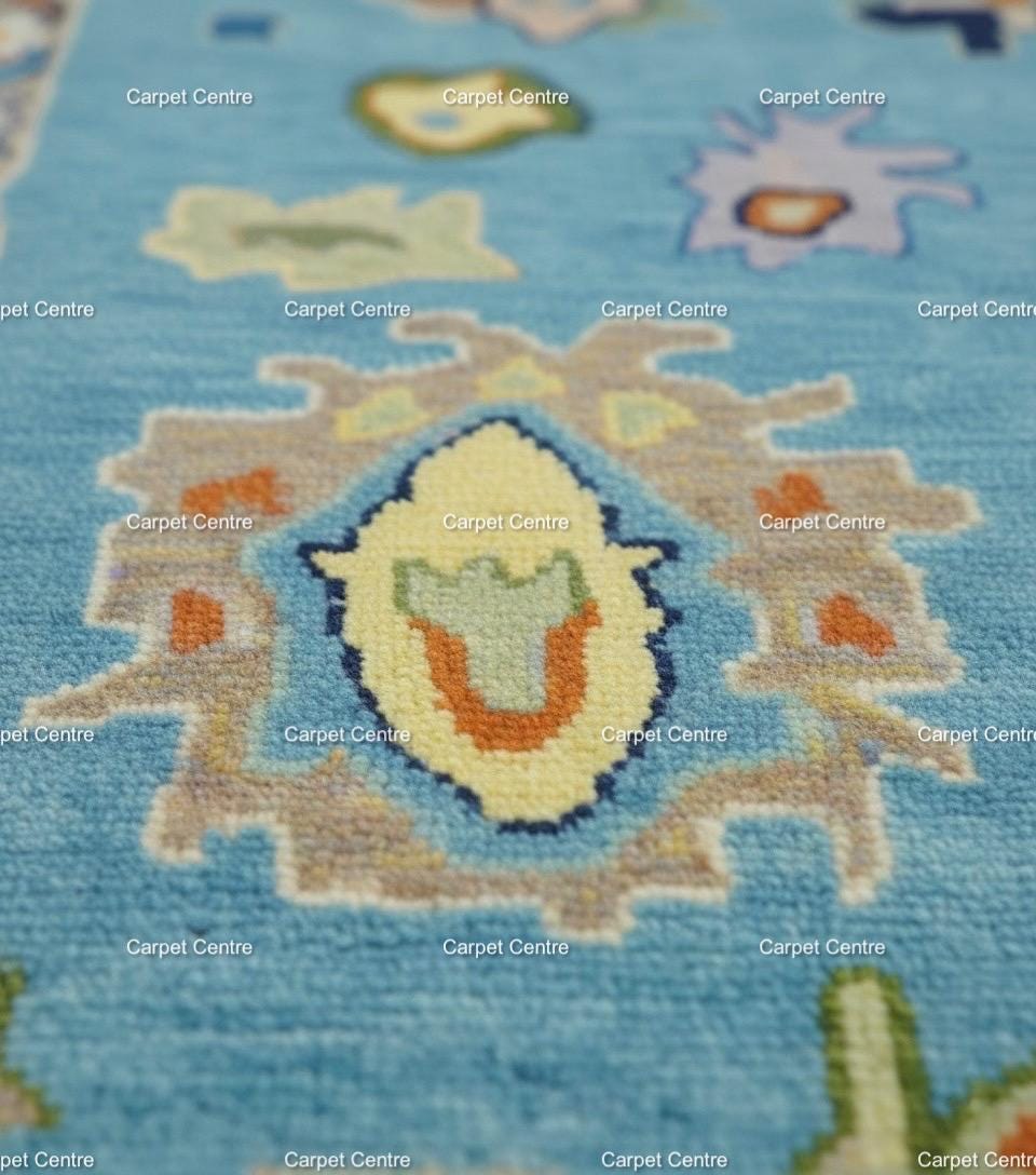 Hand-Knotted Light Blue Oushak Wool Rug, Eclectic Boho Style