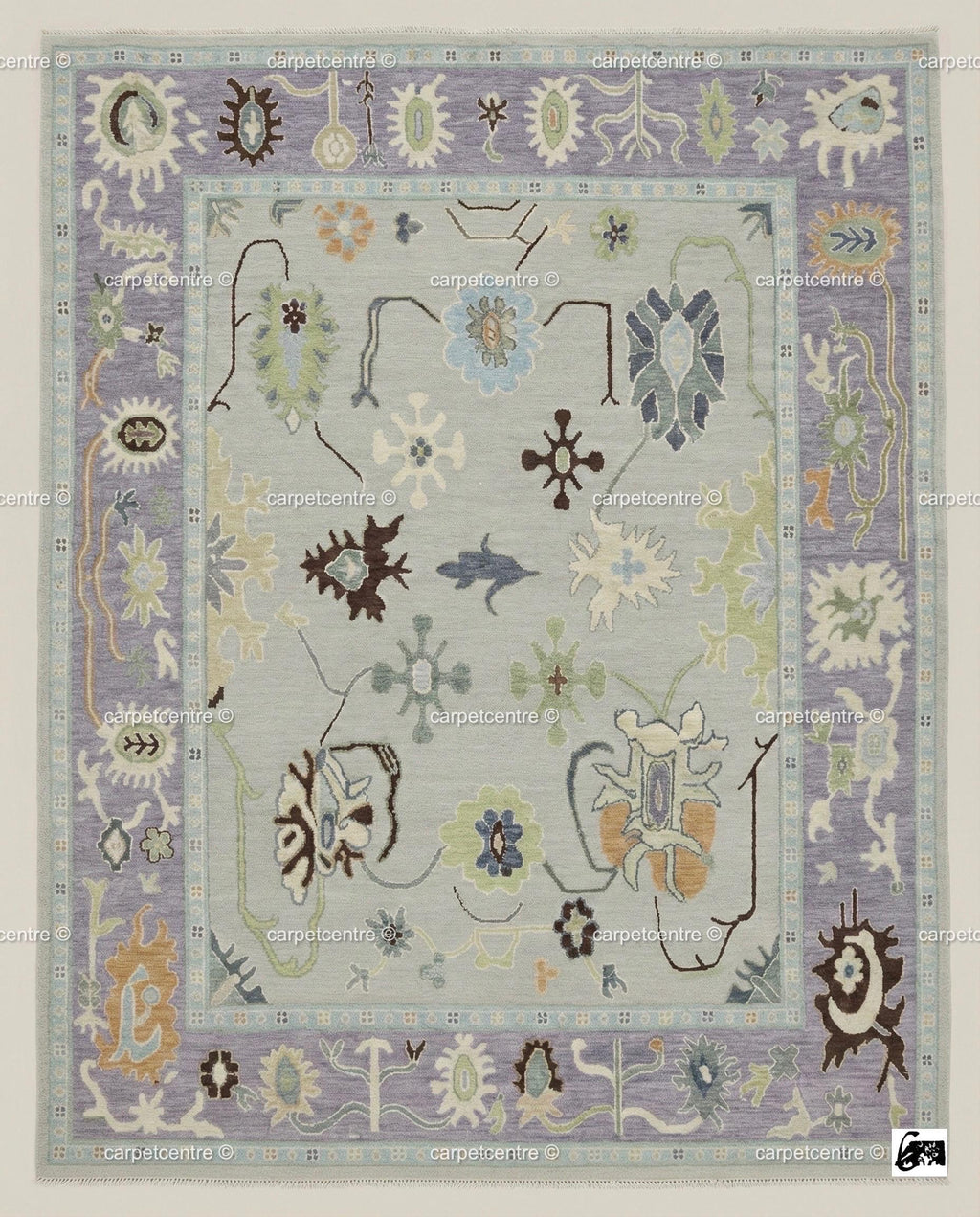 Hand Knotted Oushak Rug: Lavender Border, New Zealand Wool Carpet