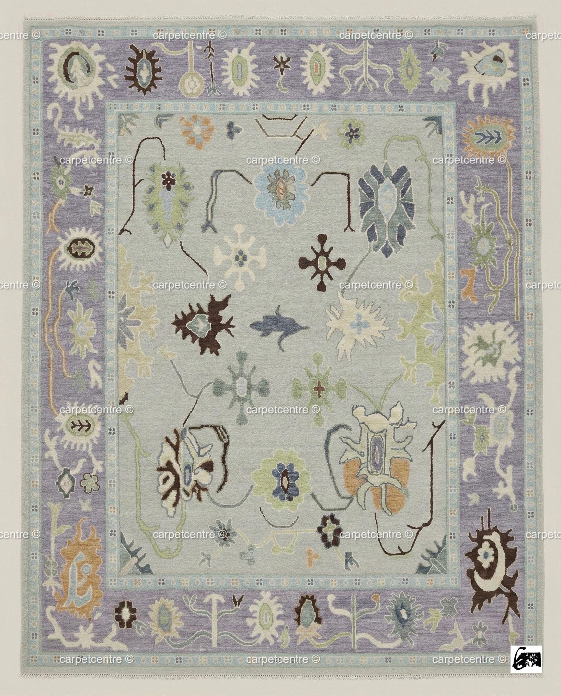 Hand Knotted Oushak Rug: Lavender Border, New Zealand Wool Carpet