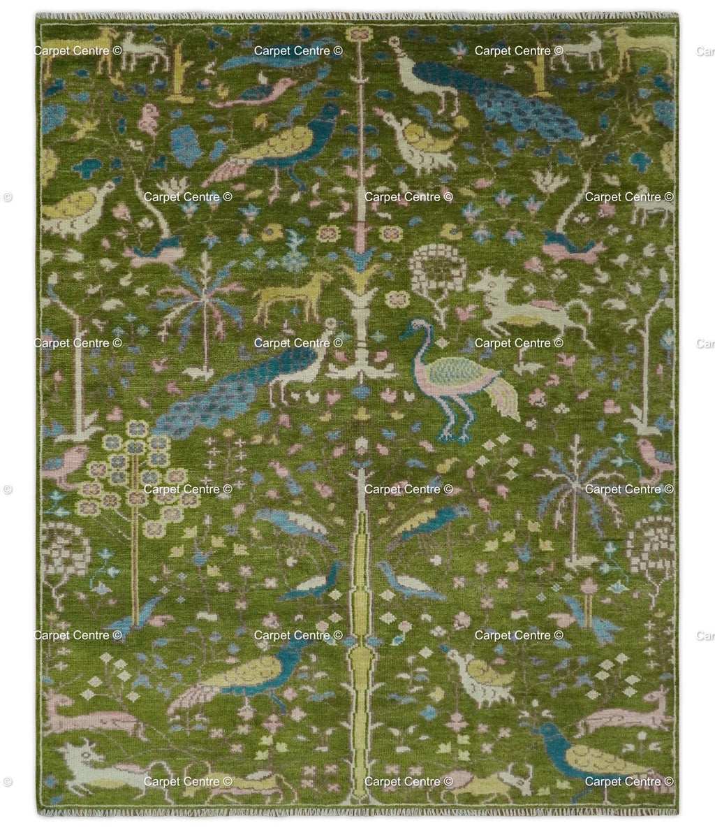 Green Peacock Oushak Rug – Hand Knotted Wool Turkish Rug, 8x10 ft