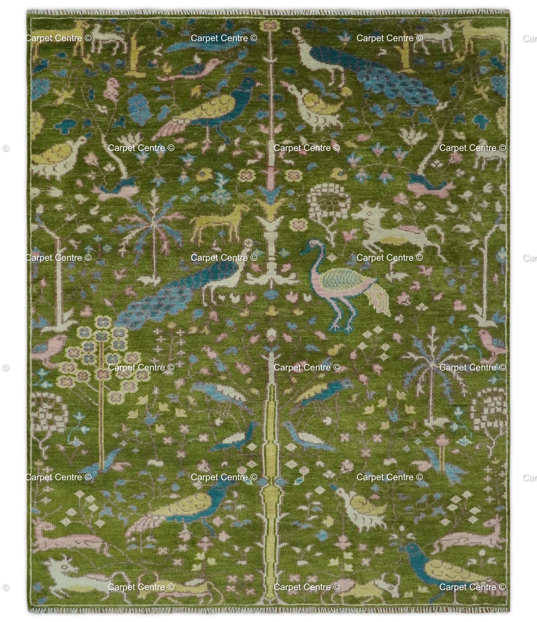 Green Peacock Oushak Rug – Hand Knotted Wool Turkish Rug, 8x10 ft