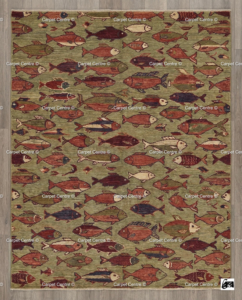 Hand Knotted Wool Fish Rug, Turkish Oushak Style, Lake House Decor