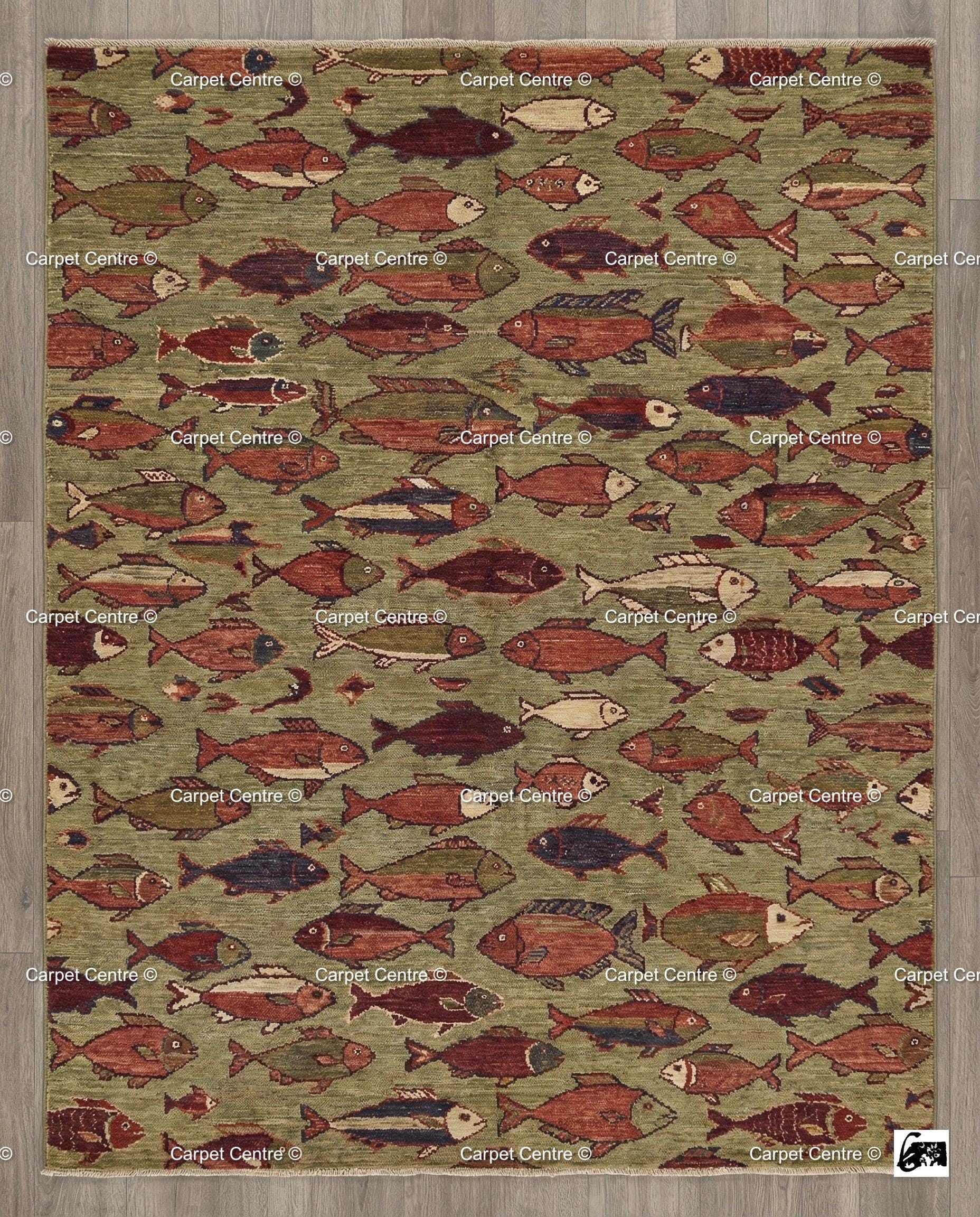 Hand Knotted Wool Fish Rug, Turkish Oushak Style, Lake House Decor