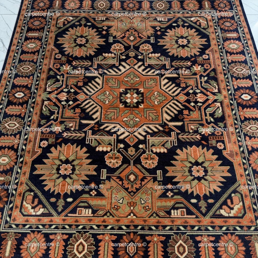 Hand-Knotted Oushak Wool Rug: Navy Blue Rust Tribal Rug, Traditional Decor