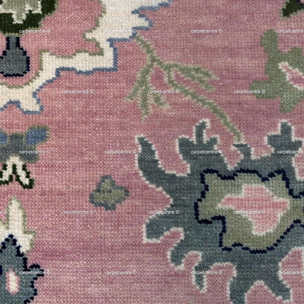 Hand Knotted Pink Oushak Rug: New Zealand Wool Floral Area Rug