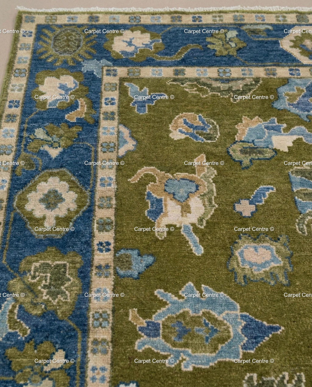 Hand Knotted Wool Oushak Rug, Olive Green, Navy Border