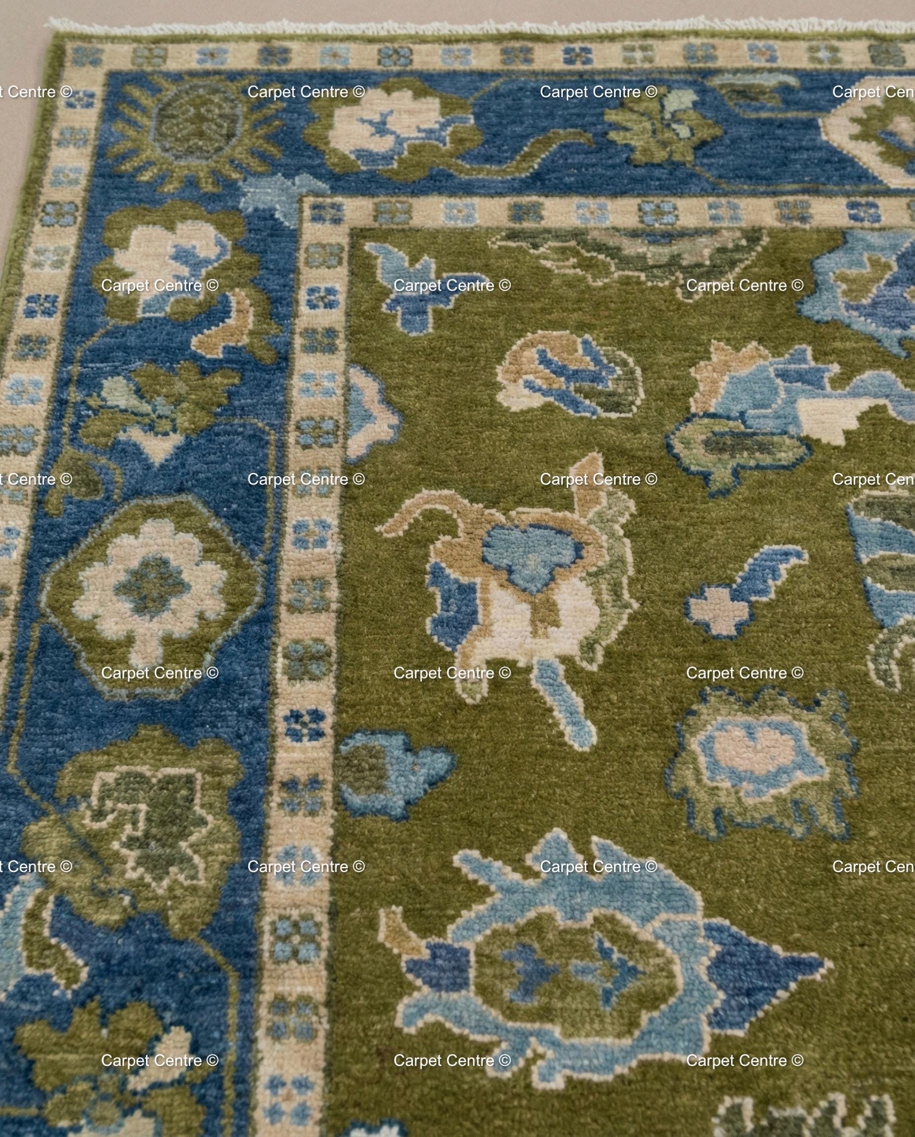 Hand Knotted Wool Oushak Rug, Olive Green, Navy Border