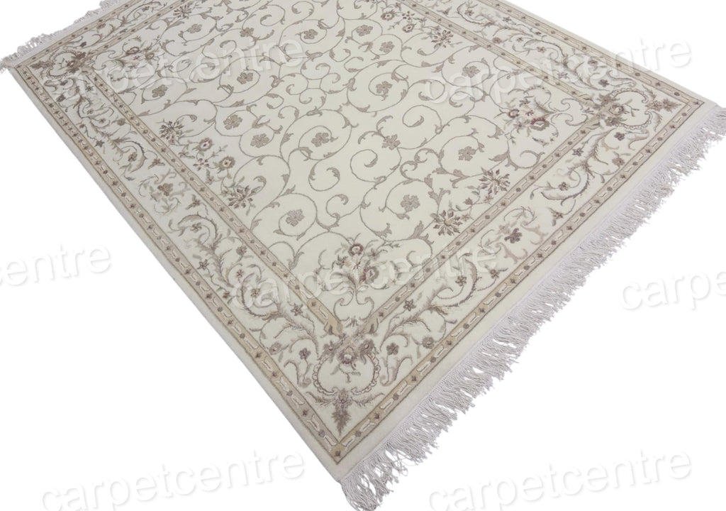 Handwoven Ivory Wool Rug: Persian Floral Art Silk Design