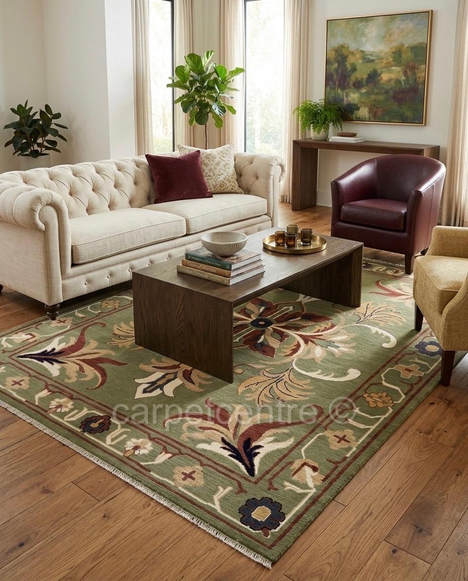 Hand-Knotted Sage Green Oushak Rug | Traditional Turkish Wool Medallion Carpet