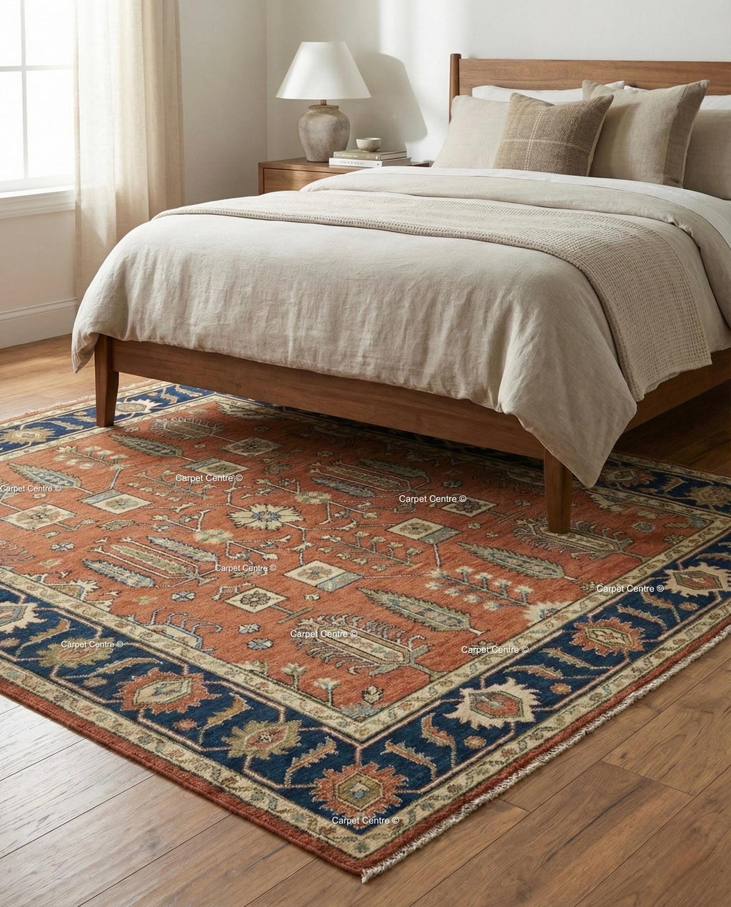 Hand Knotted Oushak Rug, Turkish Wool, Tree of Life, Terracotta & Navy